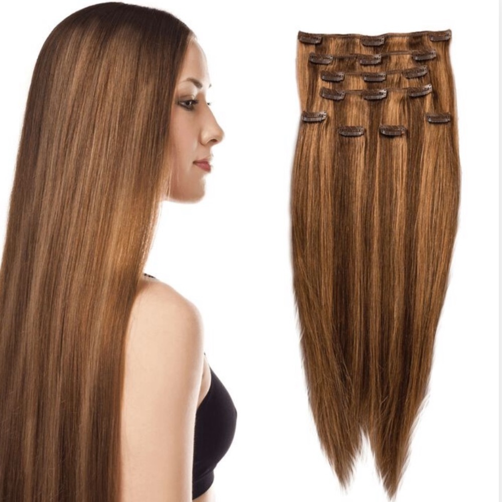NEW Dark Chestnut Brown/Medium Ash 14" ClipIn Pro Straight Human Hair Extensions